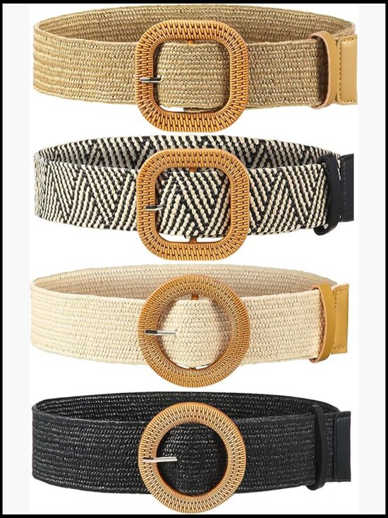 4 Pack Elastic Raffia Woven Belt Boho Rattan Stretch Straw Wide Waist Belt for main image 4